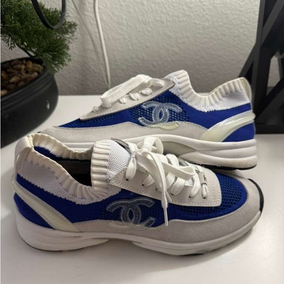 CHANEL Women's Blue and Cream Sneakers - Picture 7 of 9